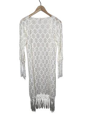 RAGA Boho White Floral Lace Open-Front Fringe Duster Cardigan Size Medium